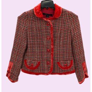 Marc Jacobs Women Red Tweed Velvet Trimmed Snap-On Wool Blazer Size M
